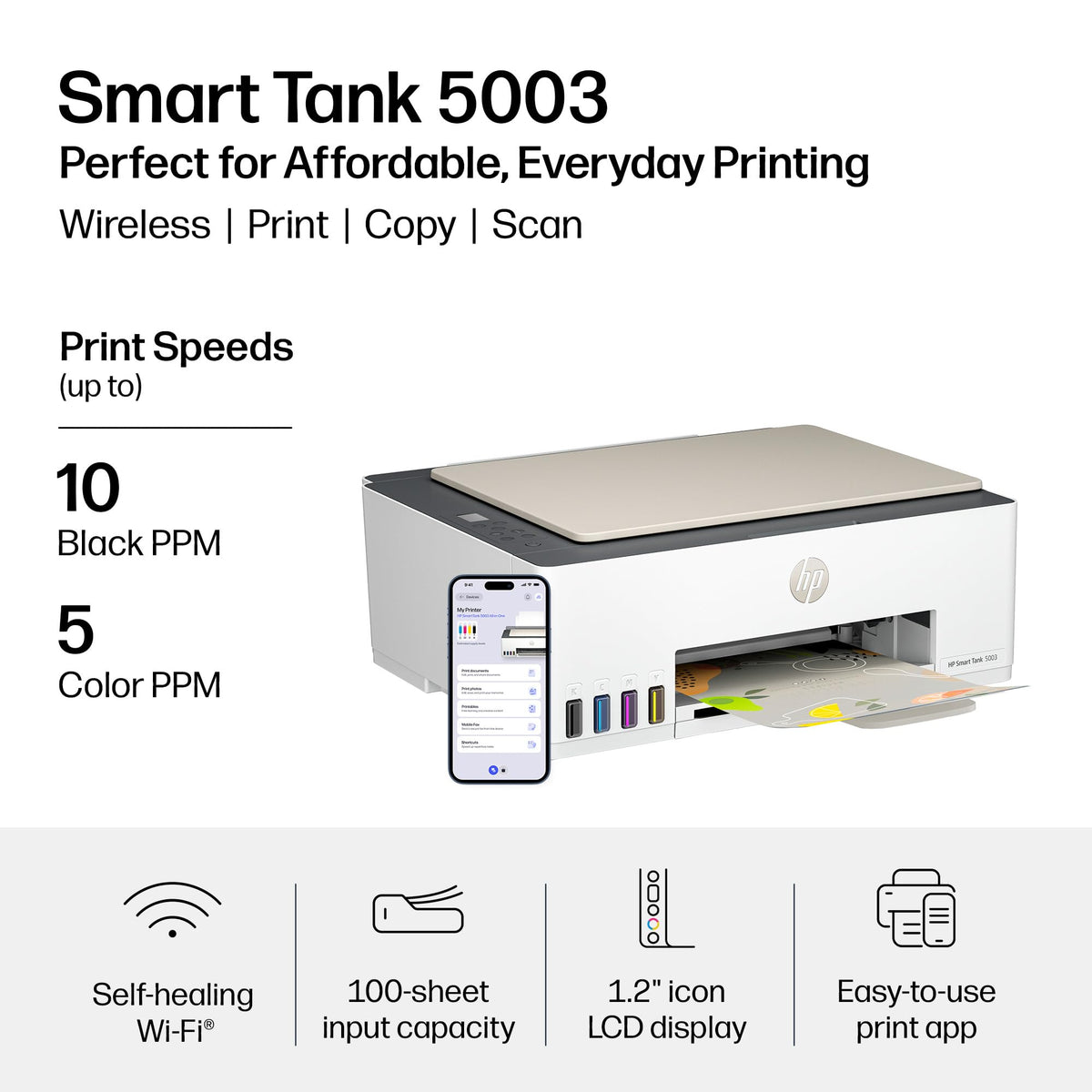 HP Smart Tank 5003 Wireless All-in-One Ink Tank Printer, Scanner, Copier with up to 3 Years of Ink Included, Best-for-Home, Cartridge-Free Refillable, AI-Capable (9B2D3A)