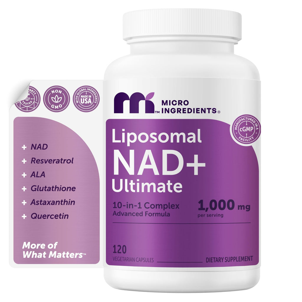 Micro Ingredients Liposomal NAD+ Complex 1,000 mg Per Serving, 60 Capsules | 10-in-1 with Resveratrol, Glutathione, ALA & Astaxanthin. NMN Supplement Alternative for Women & Men. Vegetarian, Non-GMO.