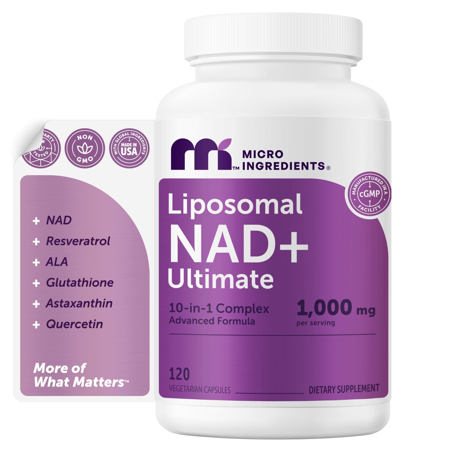 Micro Ingredients Liposomal NAD+ Complex 1,000 mg Per Serving, 60 Capsules | 10-in-1 with Resveratrol, Glutathione, ALA & Astaxanthin. NMN Supplement Alternative for Women & Men. Vegetarian, Non-GMO.