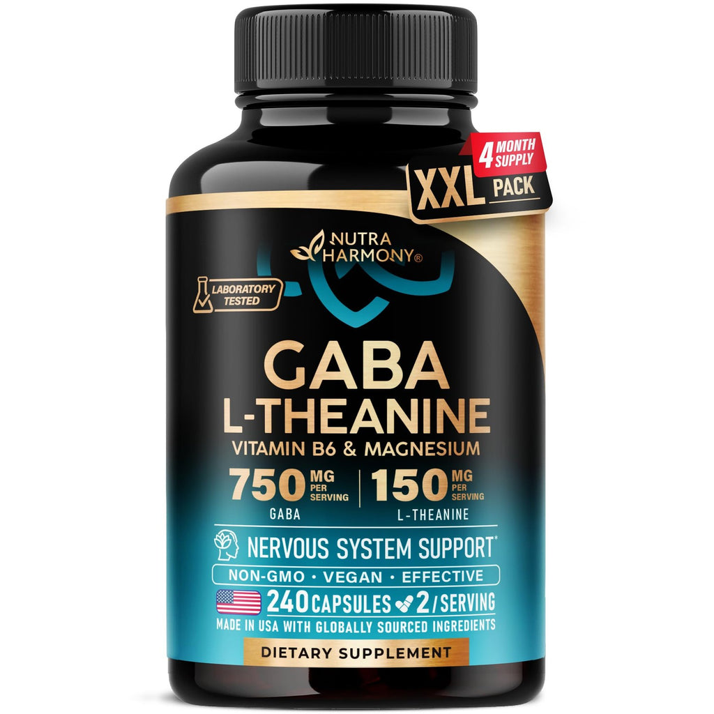 GABA L-Theanine Supplement 900 mg - Calm, Sleep & Relaxation - 120 Caps | GABA 750 mg, L-Theanine 150 mg with Magnesium & Vitamin B6 - Melatonin-Free & Non-Habit Forming - Vegan, Laboratory Tested