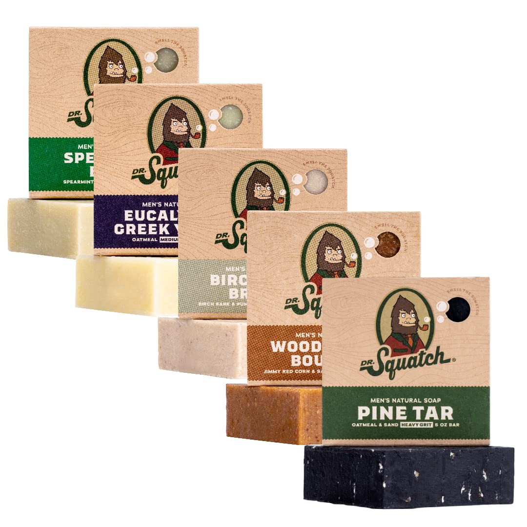 Buy now Dr. Squatch Natural Men’s Bar Soap - Cold Process Body Soap Bar with Natural Oils - Gifts for Men - Coconut Castaway, Wood Barrel Bourbon, Fresh Falls, Birchwood Breeze & Gold Moss (5 oz, 5-Pack) at indiglob india