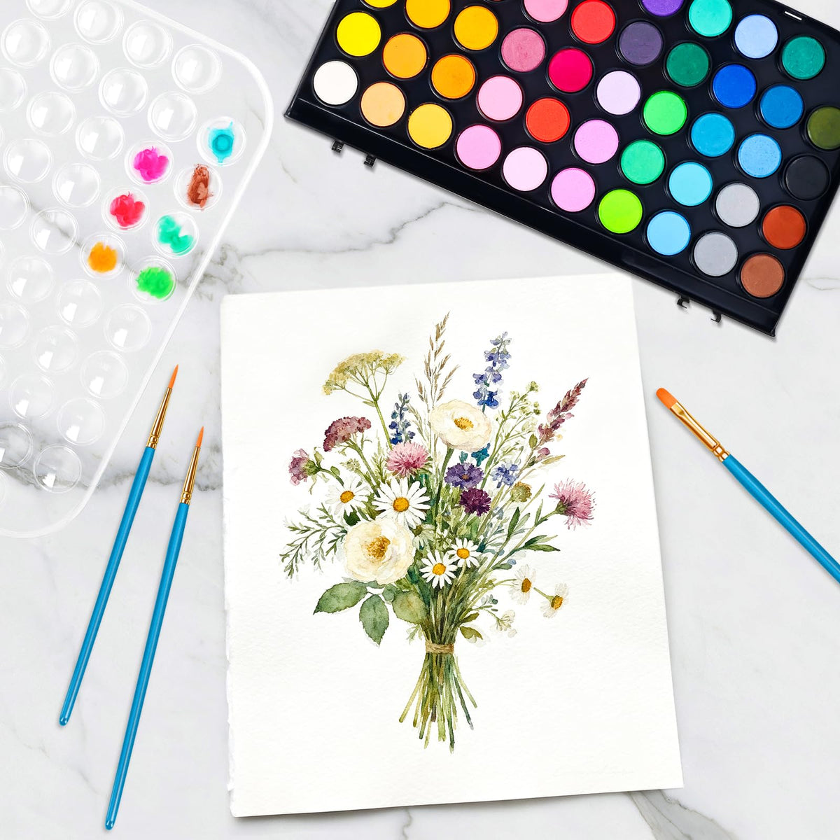 48 Color Solid Watercolor Paint Set with 3 Wooden Brushes for Adults Kids