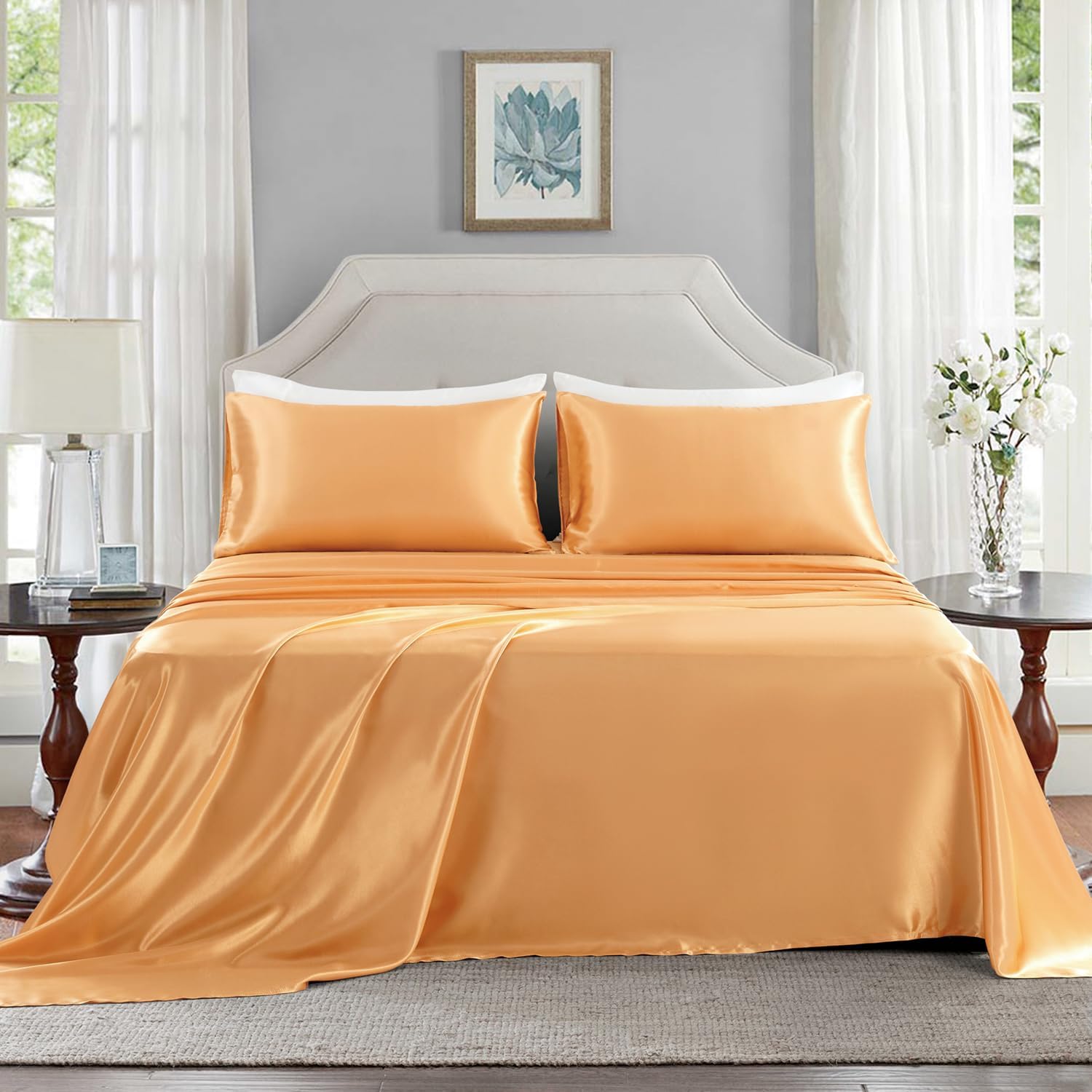 Buy now Satin Sheets King Size - 4 Pieces Luxury Silky Soft Bed Sheets, Wrinkle-Free Gold Satin Silk Sheet Set with 1 Deep Pocket Fitted Sheet, 1 Flat Sheet, 2 Pillow Cases at indiglob india