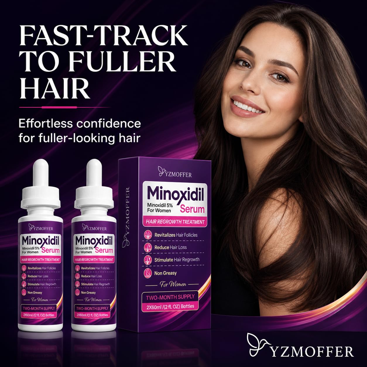 Minoxidil 5% Hair Regrowth Treatment for Women, 2-Month Supply | Topical Serum Drops for Thinning Hair, Revitalizes Hair Follicles, Reduces Hair Loss, Non-Greasy Liquid Formula