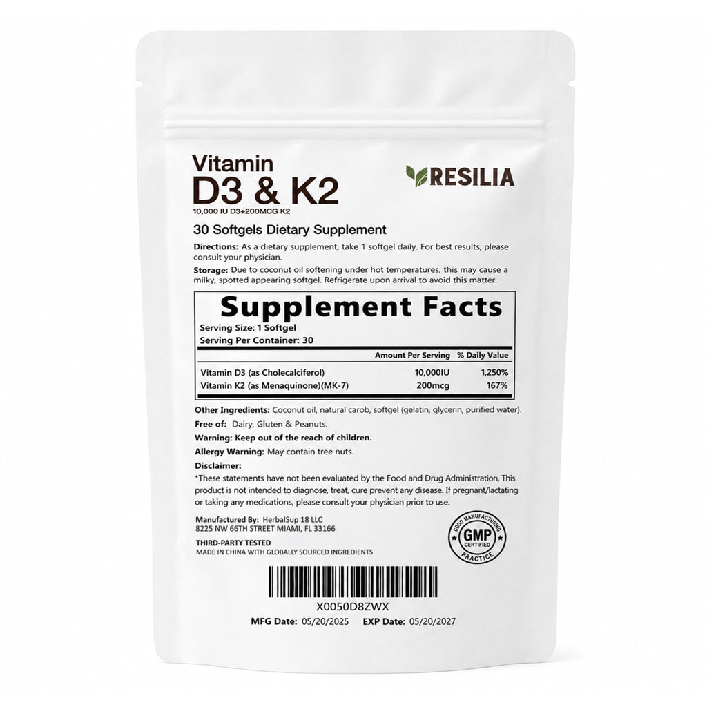 Resilia D3 K2 Vitamin 10000 IU + MK-7 200 mcg – High Potency Softgels with Coconut Oil for Maximum Absorption – Supports Bone Strength, Heart Health & Immune System – (30 Count)