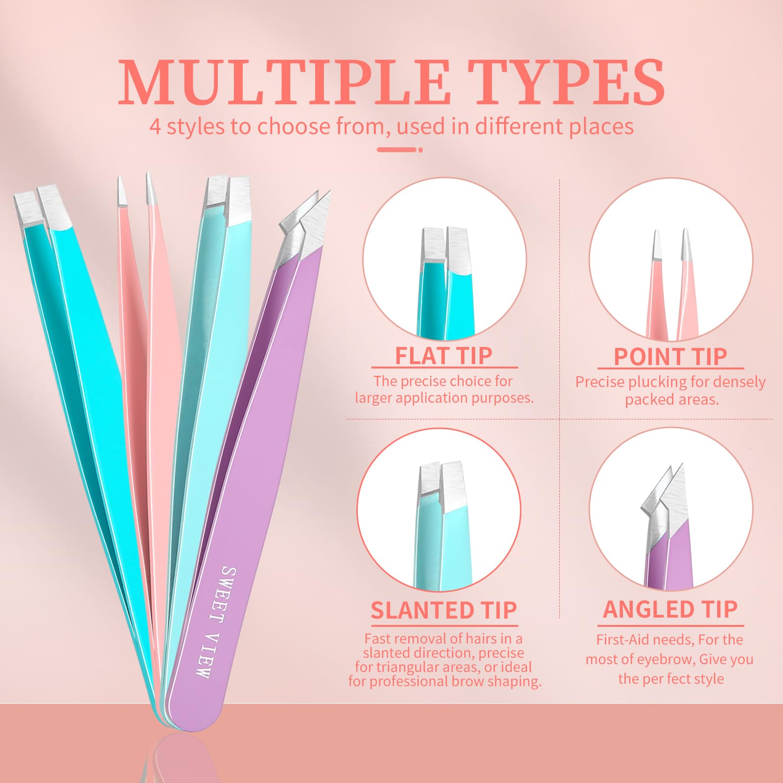 SWEET VIEW 7PCS Tweezers Kit for Women Facial Hair & Brow | Plucker with Eyebrow Scissors & Razor & Spoolie for Chin, Splinter and Ingrown Hair