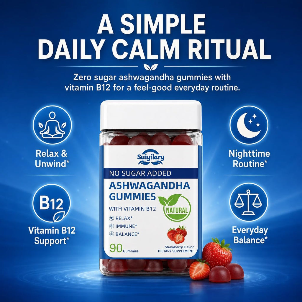 Suiyilary Ashwagandha Gummies 2000mg, Ashwagandha High Strength Root Extract Supplement with Vitamin B12 for Men Women, Strawberry Flavour 45 Days Supply 90 Gummies