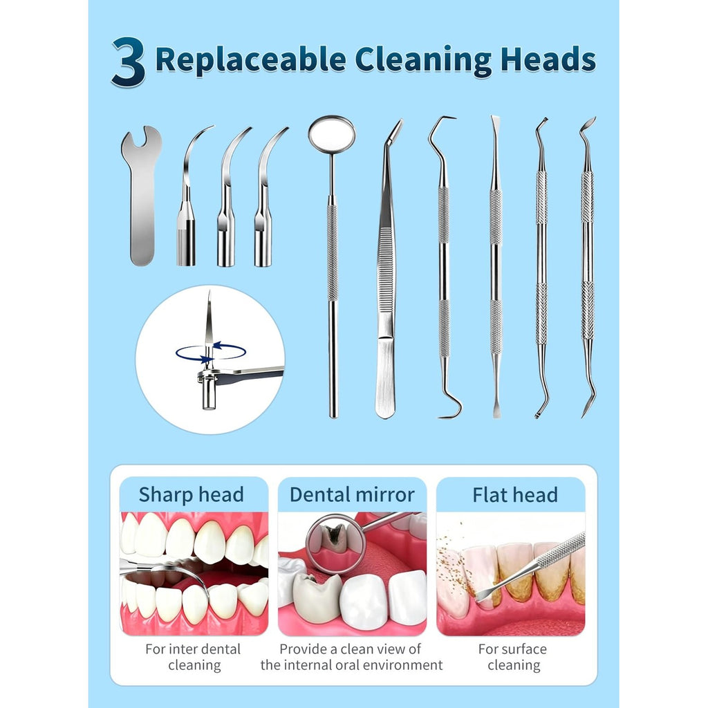 Plaque Remover for Teeth - Teeth Cleaning Kit Tartar Remover for Teeth with LED Light & 5 Adjustable Modes, USB C Rechargeable, 4 Replaceable Heads&6 Dental Tools, IPX7 Waterproof for Home Use