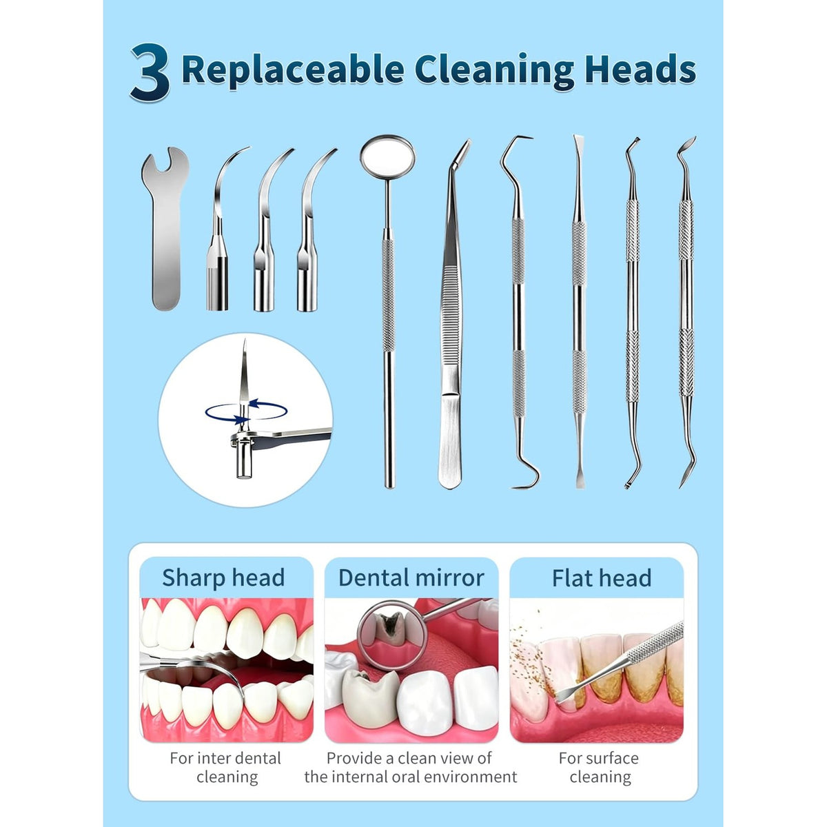 Plaque Remover for Teeth - Teeth Cleaning Kit Tartar Remover for Teeth with LED Light & 5 Adjustable Modes, USB C Rechargeable, 4 Replaceable Heads&6 Dental Tools, IPX7 Waterproof for Home Use
