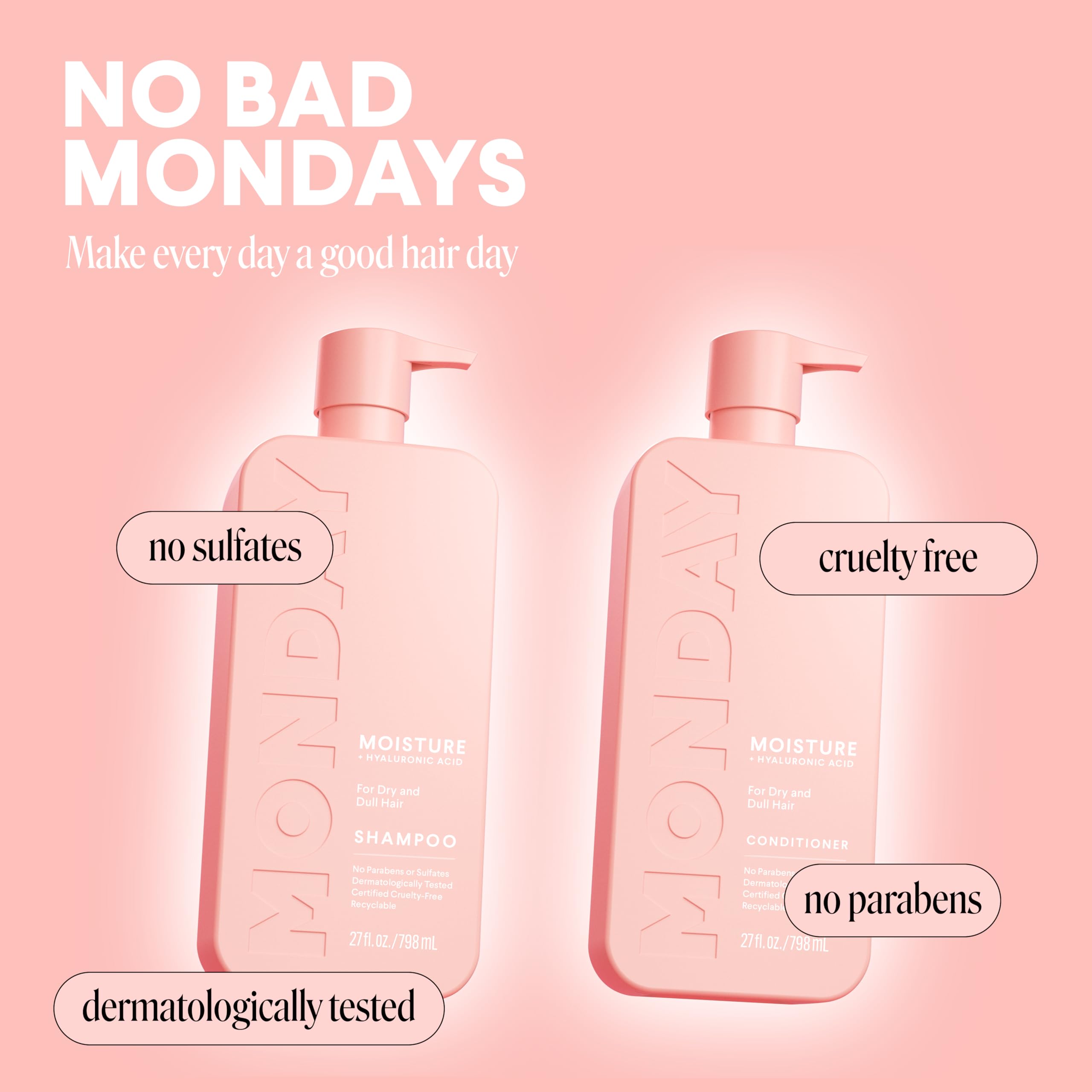MONDAY HAIRCARE Moisture Shampoo + Conditioner Bathroom Set (2 Count) 27 oz Each for Dry, Coarse, Stressed, Frizzy Hair, Made with Coconut Oil, Rice Protein, Shea Butter and Vitamin E