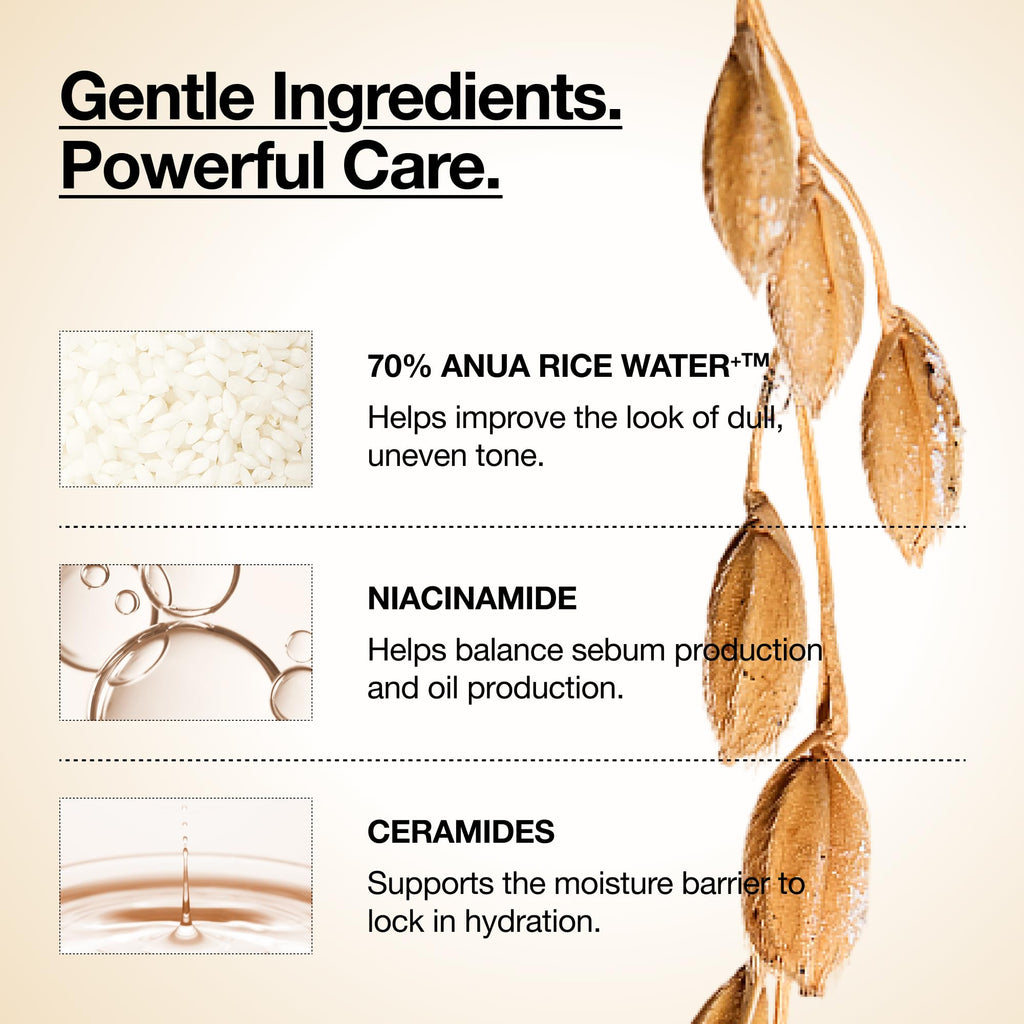Anua Rice 70 Glow Milky Toner, Glass & Dewy Skin, Hydrating & Barrier Care, Rice Water, Niacinamide, Ceramides, All Skin Types, Fragrance-Free, Non Comedogenic, Korean Skincare, 8.45 fl.oz.