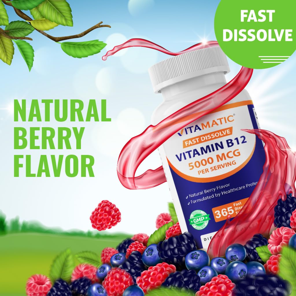 Vitamatic Vitamin B12 5000 mcg – 365 Fast Dissolve Tablets Berry Flavor – Supports Energy Production & Nervous System Health – Non-GMO, Gluten-Free