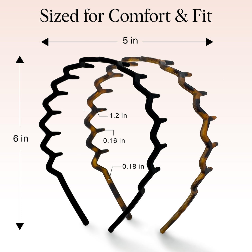 Kitsch Zig Zag Headbands for Women - Black and Tortoise, 2 pcs | Fashion Accessories for Slicked Back Styles | Comfortable Wavy Headbands | Comb Headband with Teeth