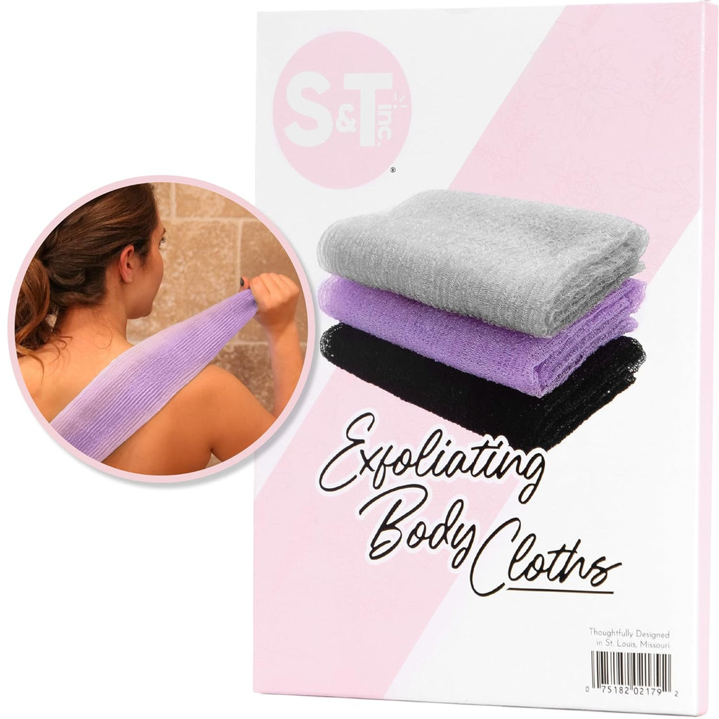Buy now S&T INC. Back Scrubber for Shower, Exfoliating Body Scrubber or Bath Exfoliating Towel for Skin Care, 11.8 Inches x 35.4 Inches, Grey, 3 Pack Assorted Purple at indiglob india