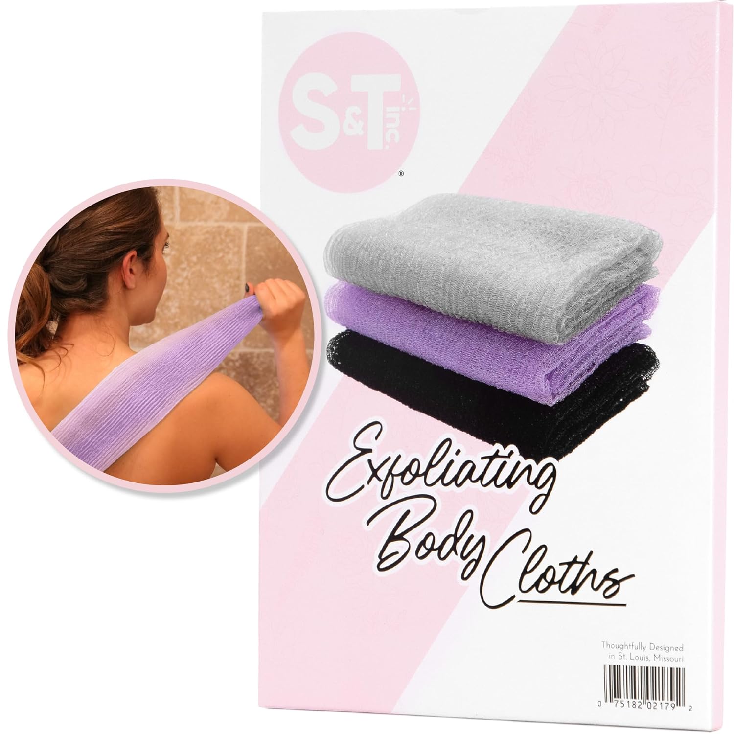 Buy now S&T INC. Back Scrubber for Shower, Exfoliating Body Scrubber or Bath Exfoliating Towel for Skin Care, 11.8 Inches x 35.4 Inches, Grey, 3 Pack Assorted Purple at indiglob india