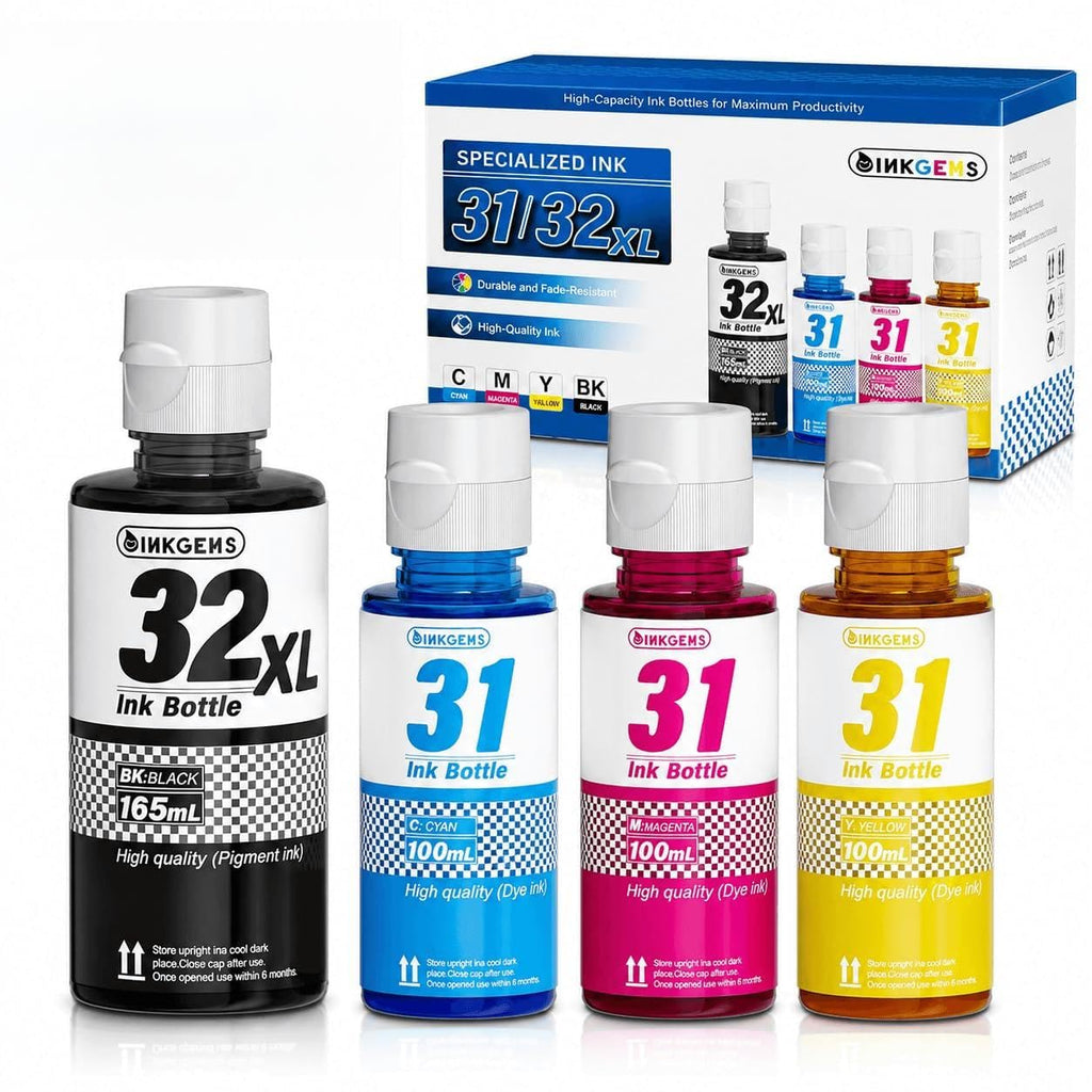 31 32XL Ink Bottle Set Refill for HP Smart Tank 7600 7602 7300 7301 7001, 5000 5101 5102, 6000 6001 651 551 Printer. Black CMY