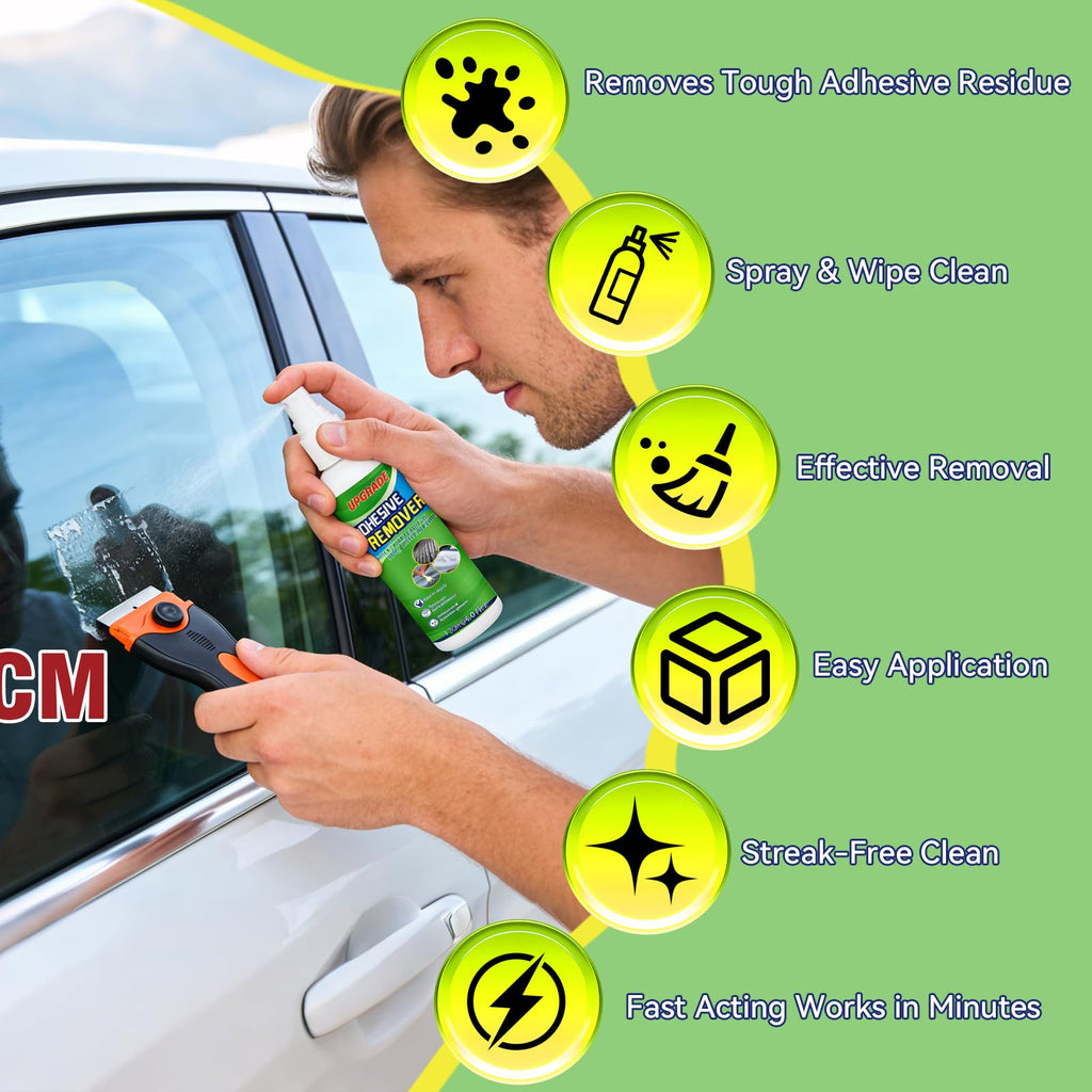 Adhesive Remover Spray Kit, 4 fl oz Sticker Remover for Labels, Glue, Residue, Tape, Decals, Fast Acting Glue Remover Includes Scraper and 10 Extra Plastic Razor Blades for Home, Car, Glass, Metal