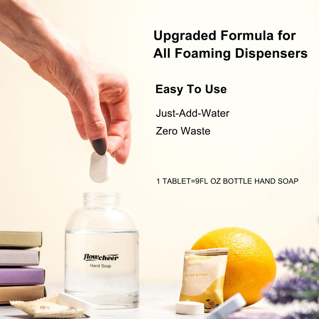 Flowcheer foaming hand soap refill tablets in original packaging; easy to use with just water, promoting zero waste.