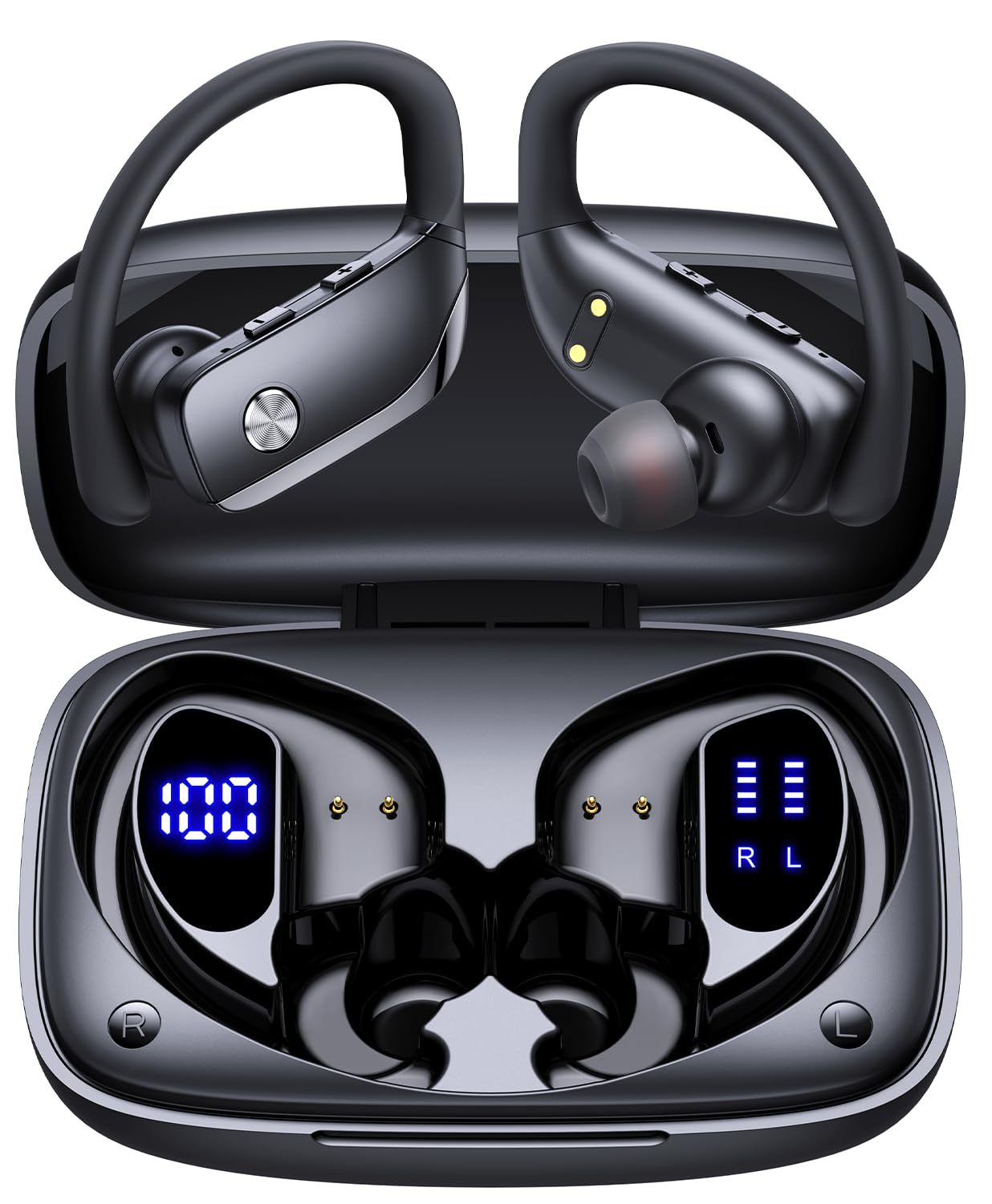 Buy now bmani Ear Buds Wireless Earbuds Bluetooth Headphones with 80H Playtime LED Display Case, Over-Ear Hook with Mic, Stereo Sound, Easy Button Controls, Sports Earphones for Running Workout Gym Black AI Buds Pro Black at indiglob india