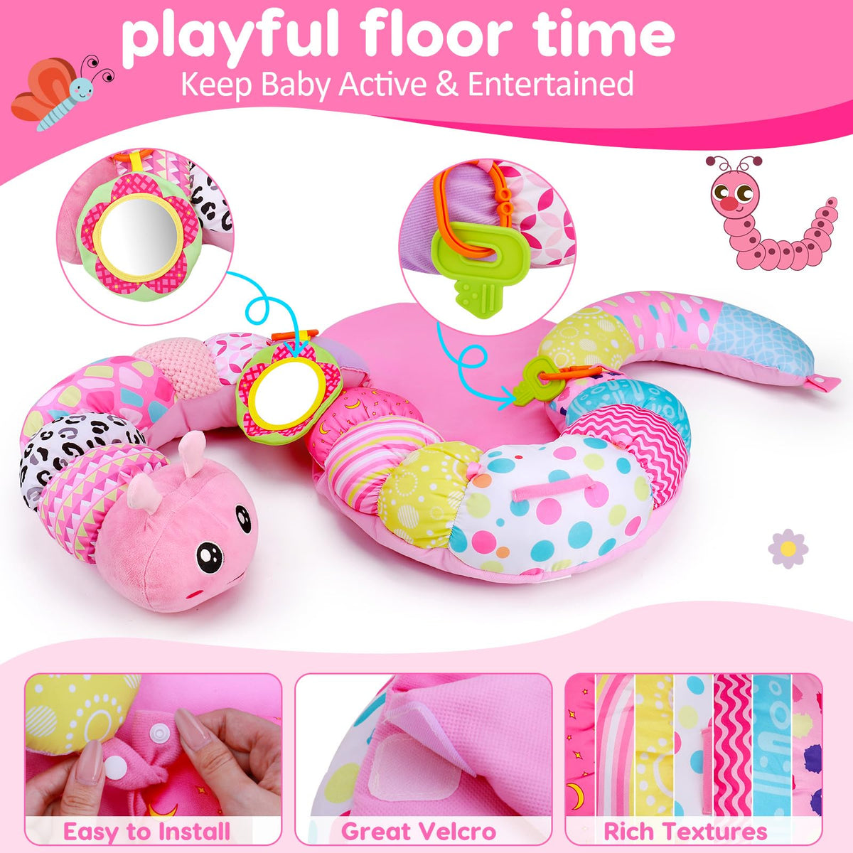2 in 1 Baby Tummy Time Mat & Support Seated Pillow Infant Newborn Toys 0 1 2 3 4 5 6 Months Pink Caterpillar Sensory Developmental Playmat 0-6 3-6 12 Month Mirror Babies Girls Shower Gifts Essentials