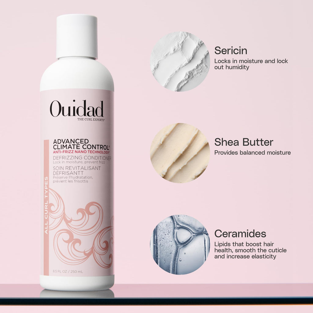 Ouidad Frizz-Free Wash Day Hair Care Kit for Curly Hair, Anti-Frizz Advanced Climate Control Shampoo, Conditioner & Gel, Defines Curls, Fights Humidity, Adds Shine – Includes Canvas Bag, 3-Piece Set