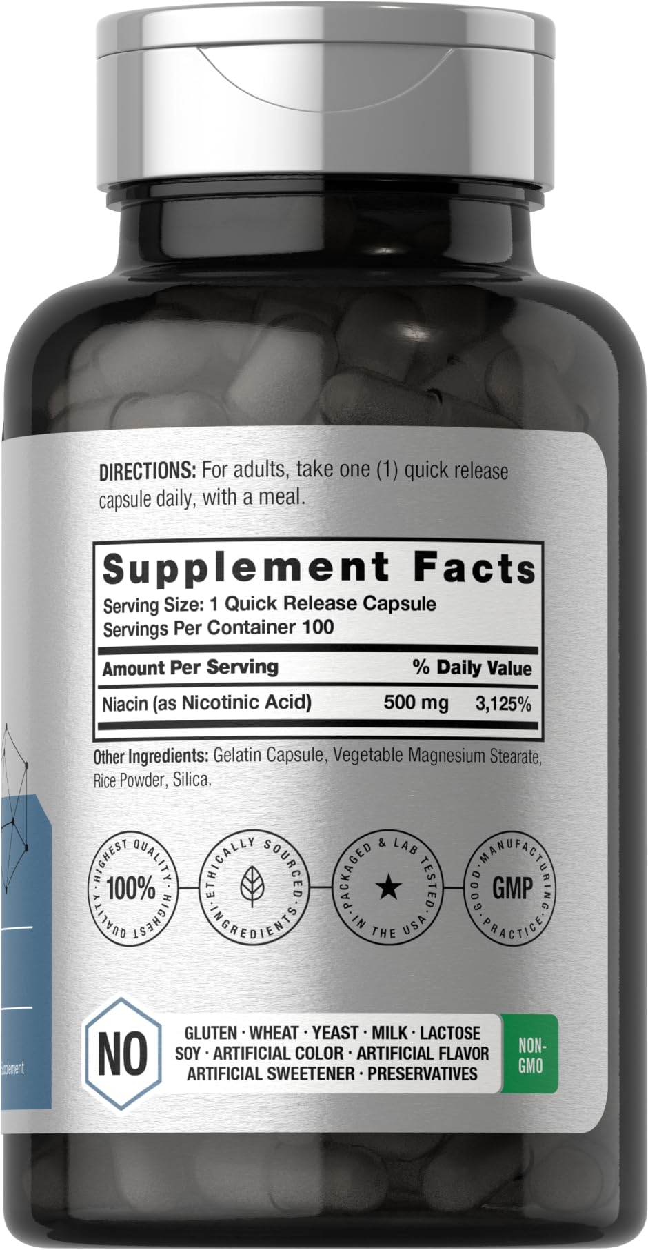 Horbäach Niacin | Vitamin B3 500mg | 100 Capsules | with Flushing