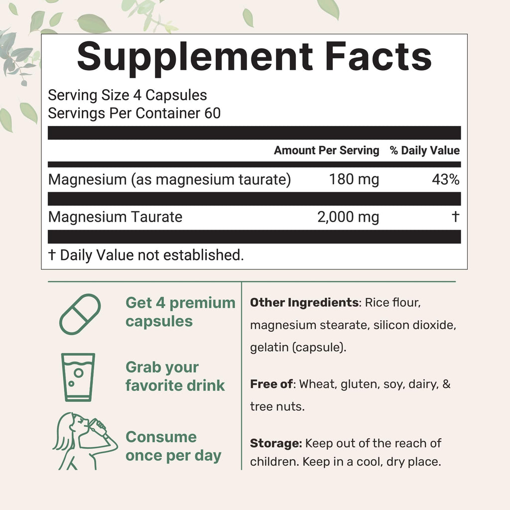 Magnesium Taurate 2,000mg, 240 Capsules | Highly Bioavailable Chelated Magnesium Supplement | Mineral Supplements for Men & Women | Non-GMO, Gluten Free