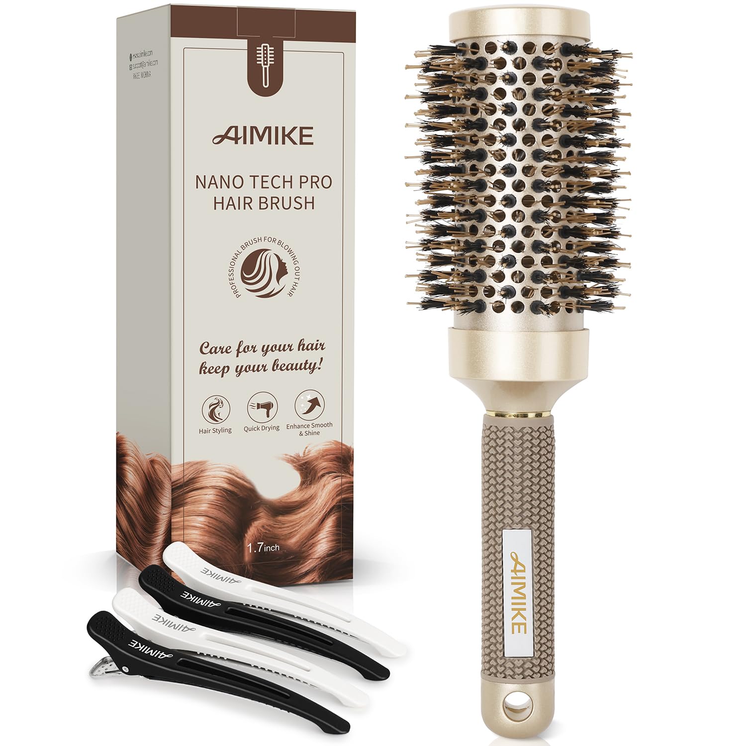 Buy now AIMIKE Round Hair Brush, Nano Thermal Ceramic & Ionic Tech, 2.1 Inch Barrel with Boar Bristles for Enhanced Texture, Golden, Hair Drying, Styling, Curling and Shine + 4 Free Clips at indiglob india