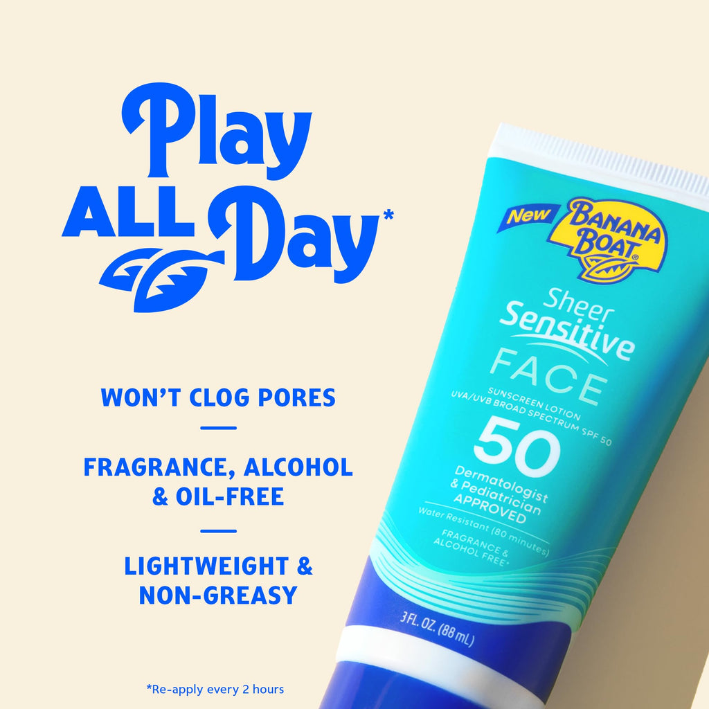 Banana Boat Sheer Sensitive Face Sunscreen Lotion SPF 50, 3 Fl Oz | Travel size sunscreen for face, Lightweight formula, Water resistant sunblock, Quick sheer application