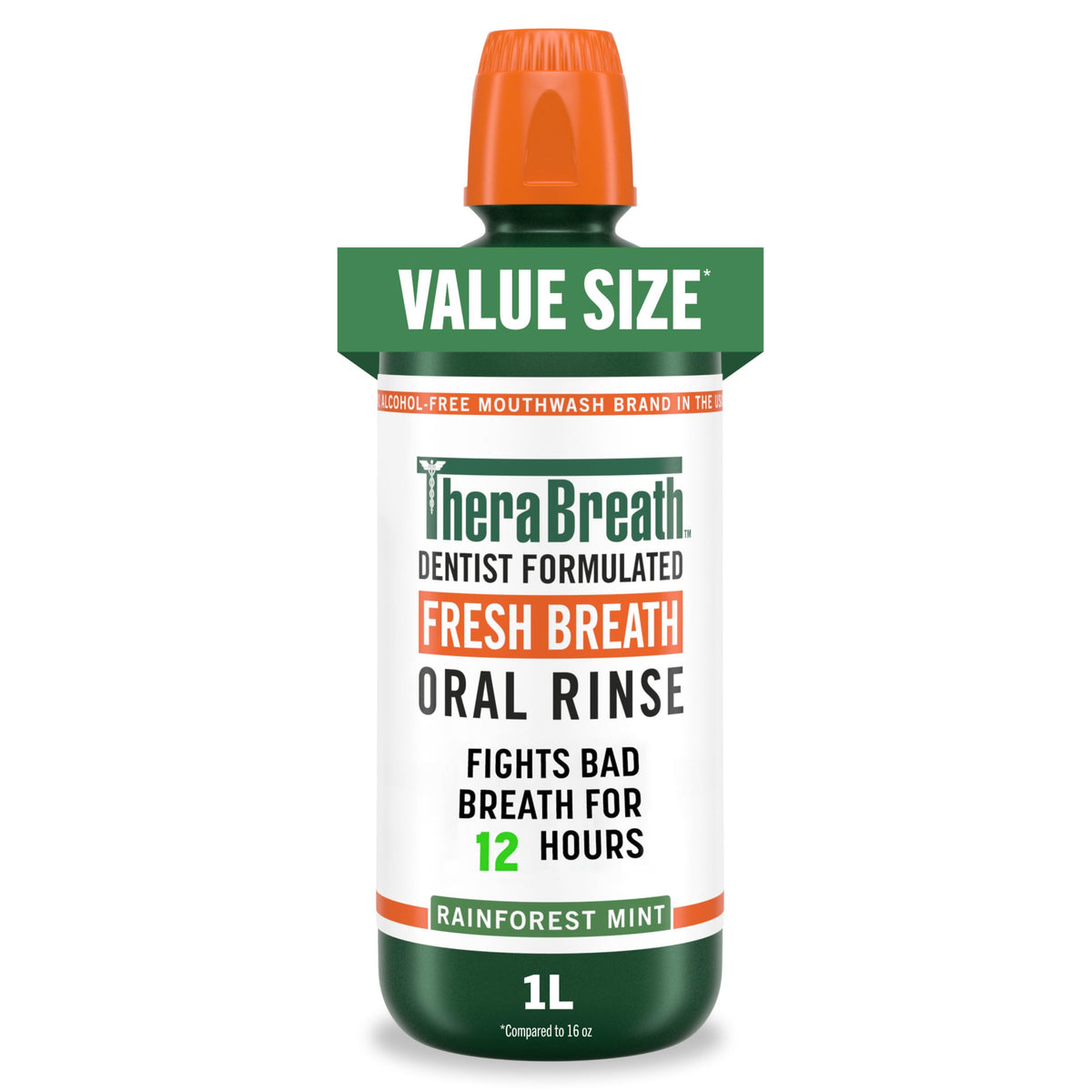 TheraBreath Fresh Breath Mouthwash, Rainforest Mint, 33.8 oz