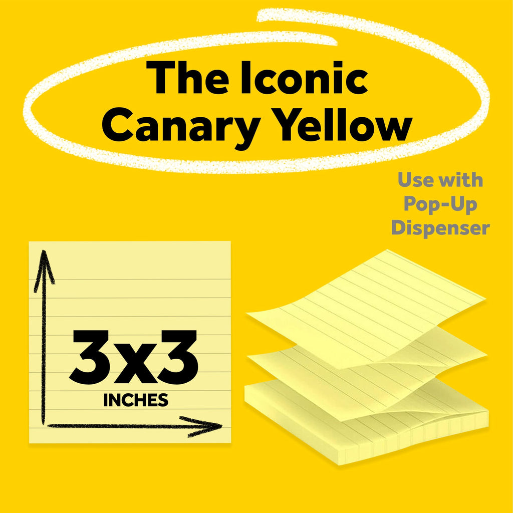 Post-it Pop-up Notes, 3 x 3 in, Canary Yellow, 6 Lined Pads, 100 Sheets/Pad