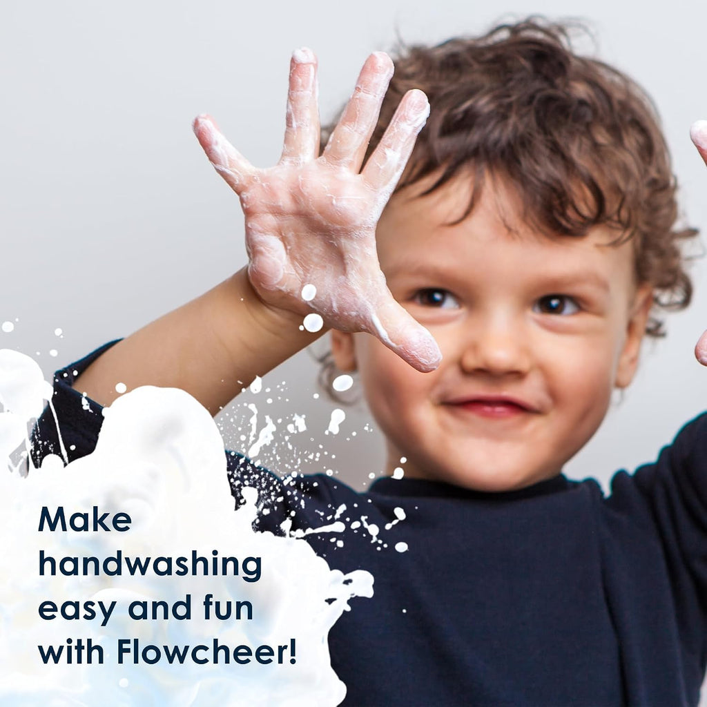 A happy child with soapy hands, promoting fun and easy handwashing with Flowcheer's authentic foaming hand soap refill.