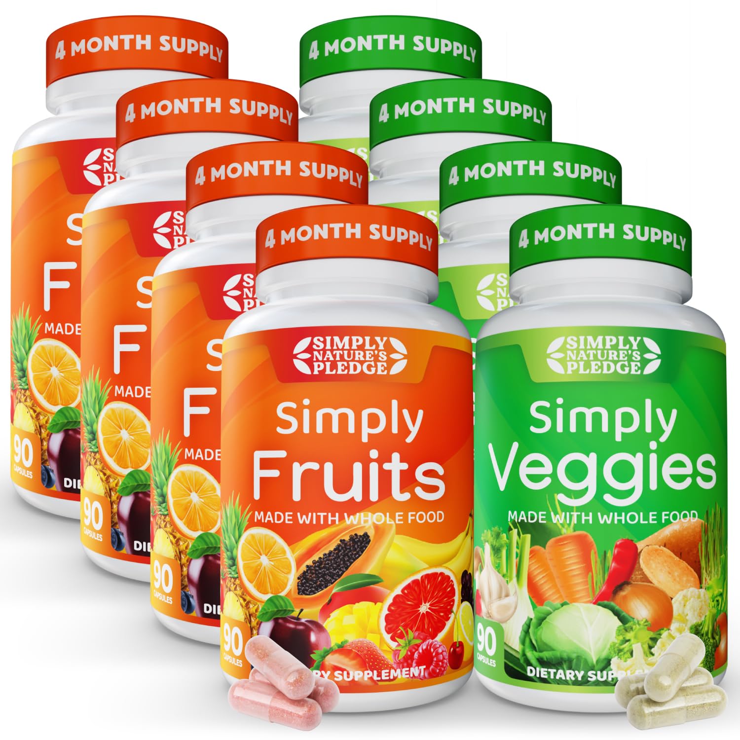 Simply Nature's Pledge Fruits & Vegetables Supplement, 360 Capsules, 4-Pack | Whole Food Superfoods, Fruits & Veggies, Energy, Immune & Digestive Support, Vegan, Gluten free, Soy Free, Third-Party Tested