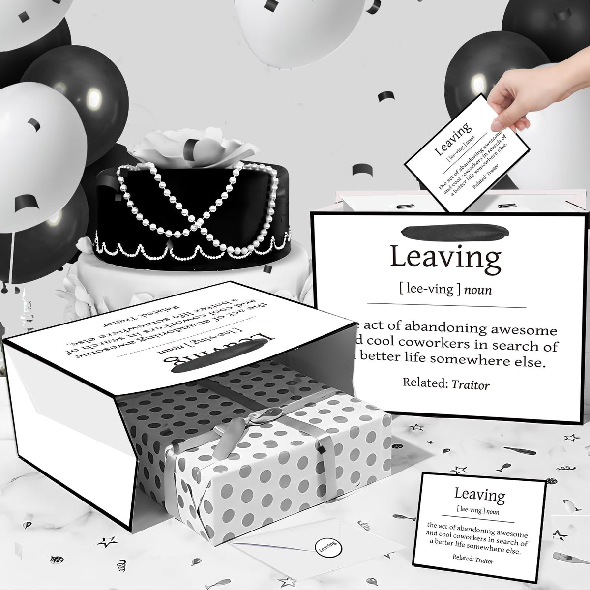Funny Going Away Gift Bag Black White Farewell Goodbye Christmas Gift Bag with Wrapping Paper Card Sticker Envelope for Coworkers Leaving Gifts Retirement Good Luck We Will Miss You Presents Favors