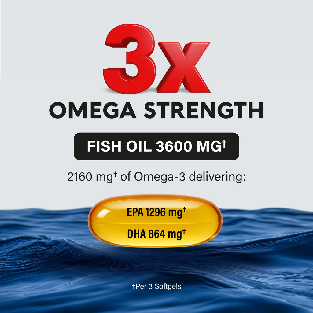 Omega 3 Fish Oil 3600 mg - Omega 3 Supplement for Men & Women - 90 Softgels | Omega 3 EPA & DHA - Heart, Brain & Joint Support - Purified Fish Oil | Heavy Metals Tested - Lemon Flavored