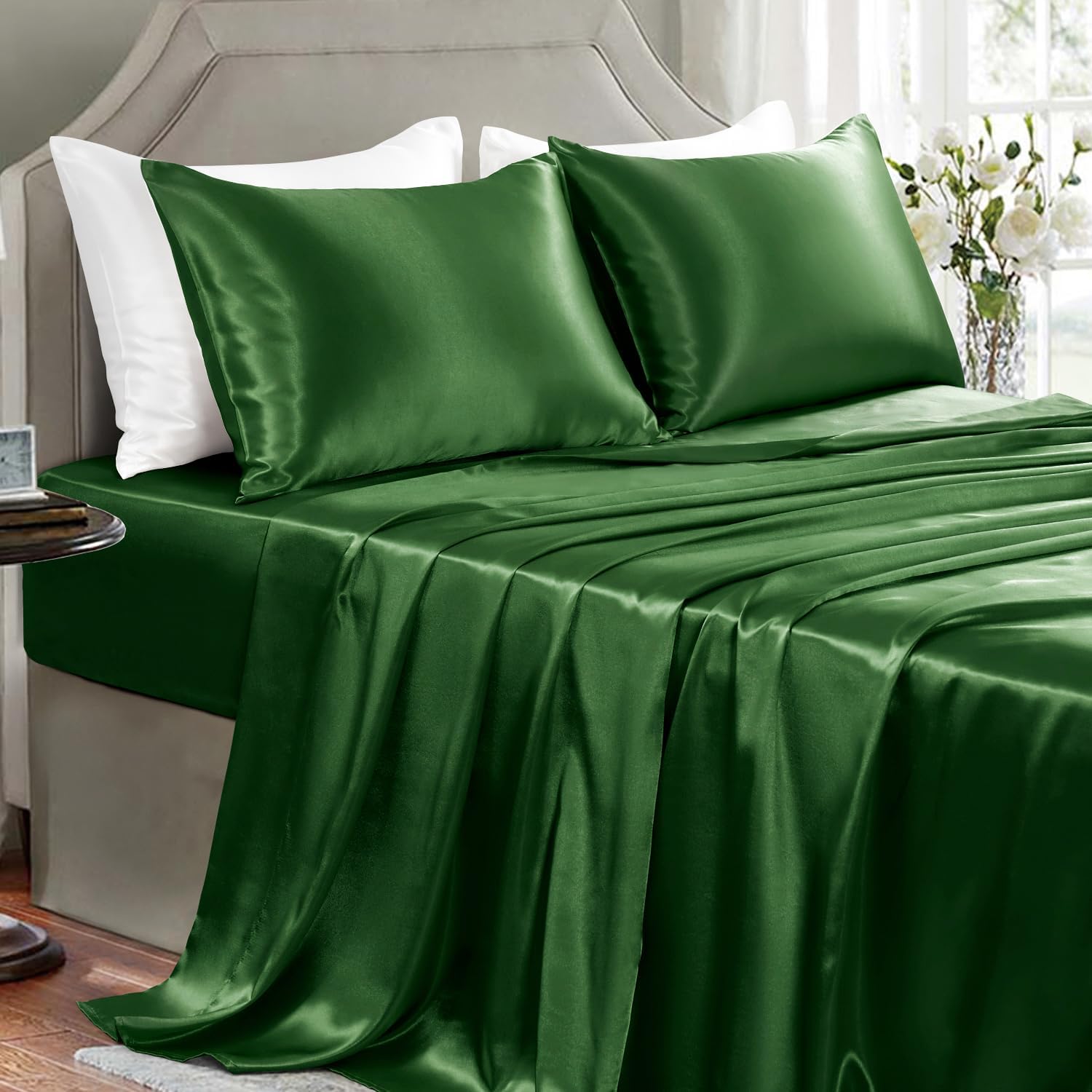 Buy now Satin Sheets King Size - 4 Pieces Luxury Silky Soft Bed Sheets, Wrinkle-Free Gold Satin Silk Sheet Set with 1 Deep Pocket Fitted Sheet, 1 Flat Sheet, 2 Pillow Cases King Dark Green at indiglob india