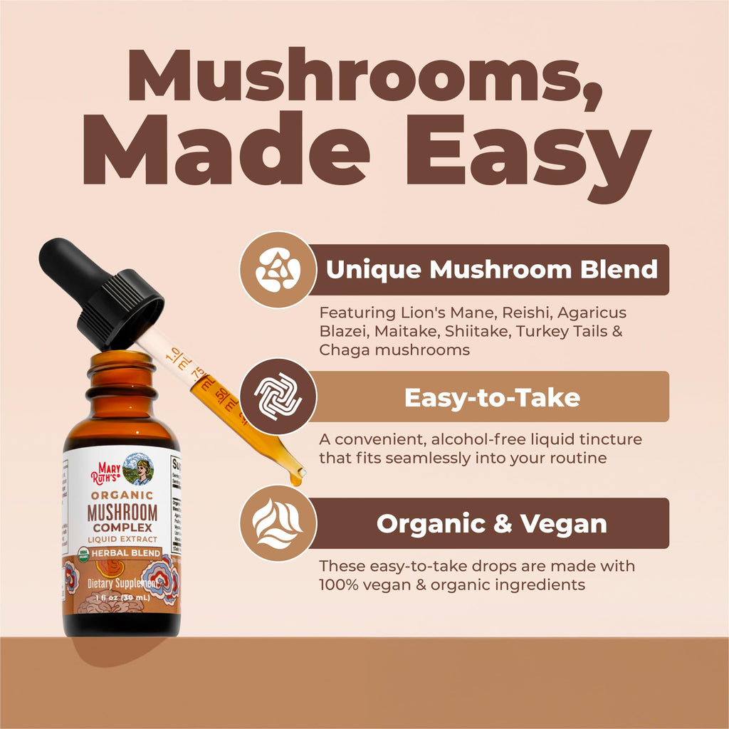 MARYRUTH'S Organic Mushroom Complex, Lion's Mane, Turkey Tail, 30 Servings