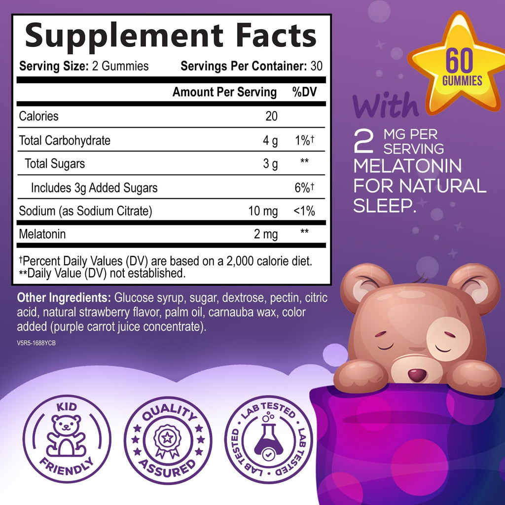 Kids Melatonin Gummies - 2mg Melatonin Per Serving - Children's Melatonin Gummy for Restful Sleep - Children's Chewable Sleep Supplement, Non-Habit Forming - Vegan, Natural Berry Flavor - 60 Gummies