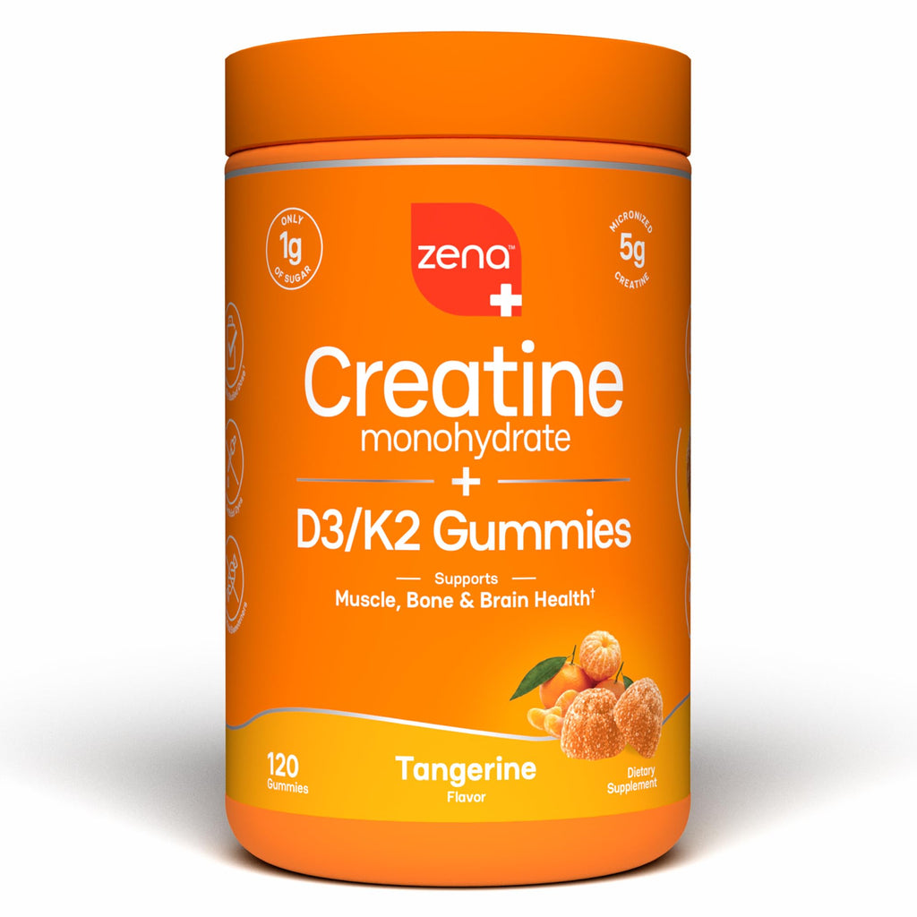 Zena Nutrition Creatine Gummies with D3 & K2, Creatine Monohydrate for Men and Women, Supports Bone, Muscle, & Cognitive Health, Gummy Workout Supplement, Blue Raspberry Flavor, 120ct, 30 Servings
