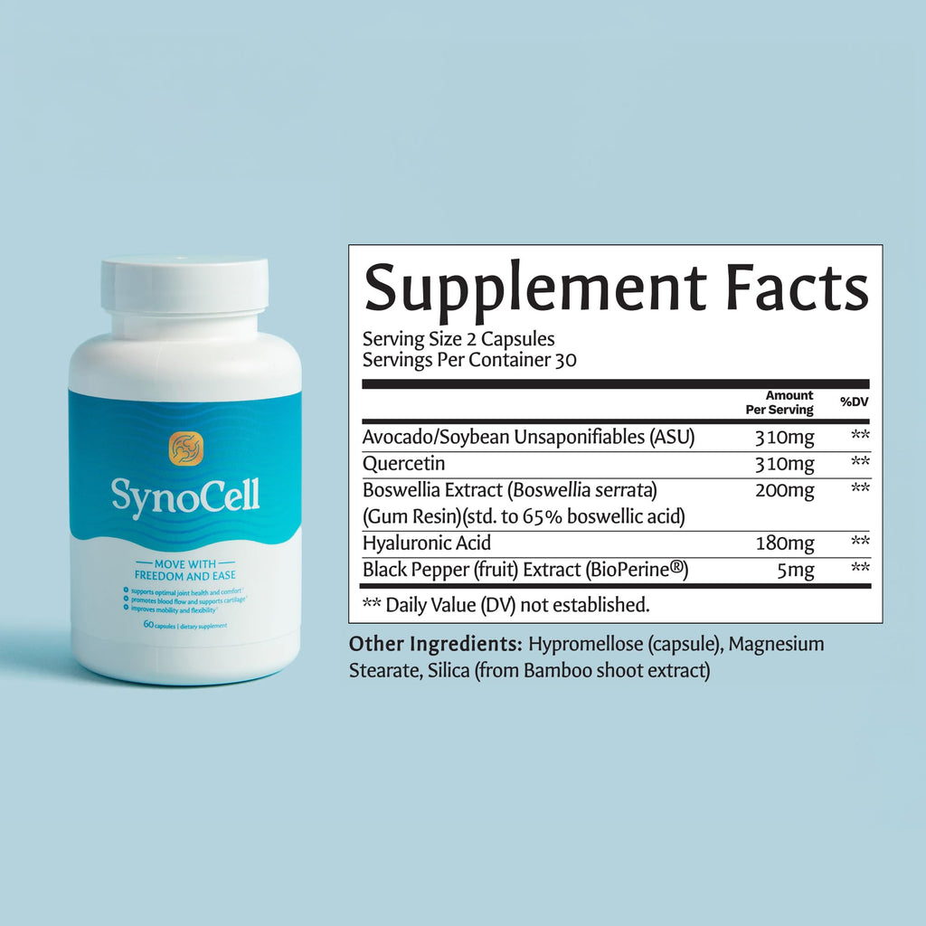 Synocell Joint Support with ASU, Quercetin, Boswellia & Hyaluronic Acid 2Pk | 2 Pack - Daily joint support supplement for women & men, for mobility, flexibility, cartilage support & comfort.1-pack