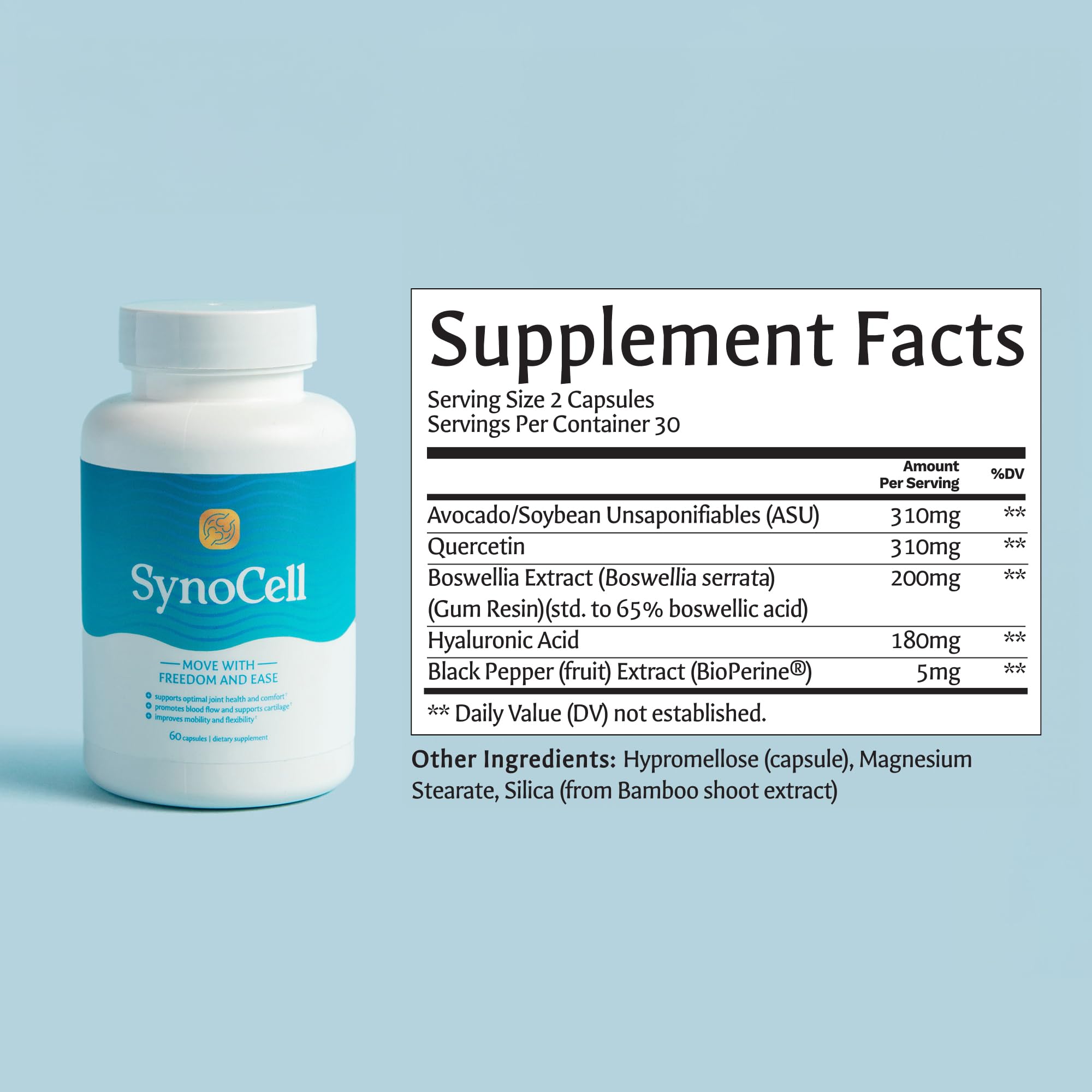 Synocell Joint Support with ASU, Quercetin, Boswellia & Hyaluronic Acid 2Pk | 2 Pack - Daily joint support supplement for women & men, for mobility, flexibility, cartilage support & comfort.1-pack