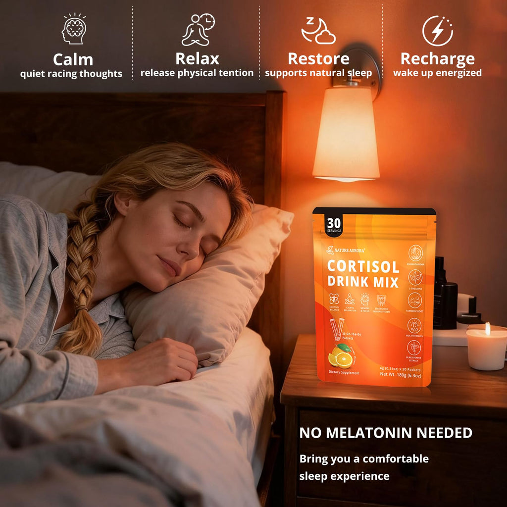 Cortisol Drink Mix Powder with Magnesium Glycinate, L-Theanine, Ashwagandha & Vitamin For Relax, Focus & Calm, Natural Cortisol Supplement for Women and Men, Orange Flavor, 30 Sticks