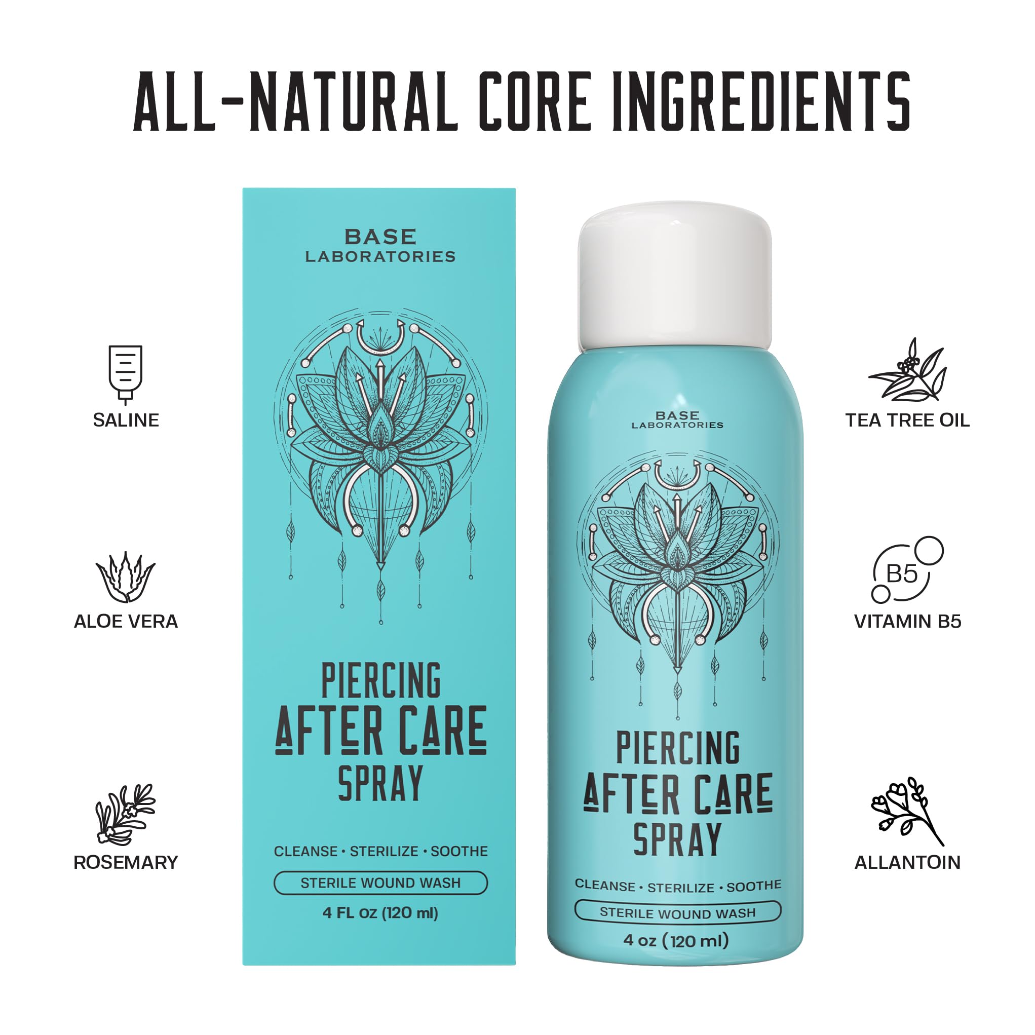 BASE LABORATORIES Piercing Aftercare Spray 4 oz, Saline Spray for Piercings | Ear Piercing Cleaner, Nose Piercing Spray, Saline Solution, Keloid Bump, Navel Care, Wound Wash, Belly Button Soak