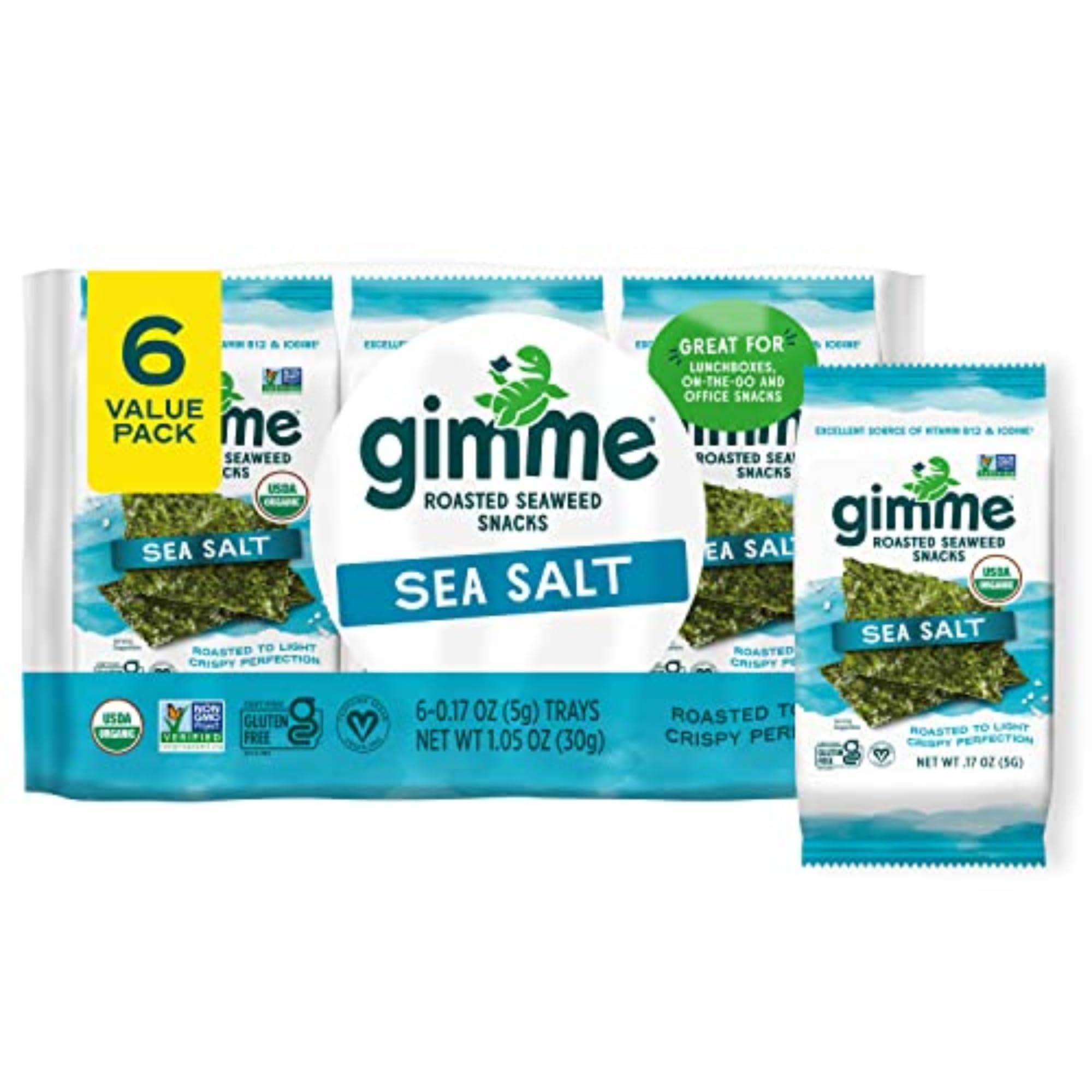 Buy now Gimme Seaweed Organic Premium Roasted Seaweed Snacks, Sea Salt, 6 Count, Keto, Vegan, Gluten-Free, Great Source of Omega3s and Iodine, Healthy On-The-Go Snack for Kids and Adults 6 Count (Pack of 1) #1 Sea Salt at indiglob india