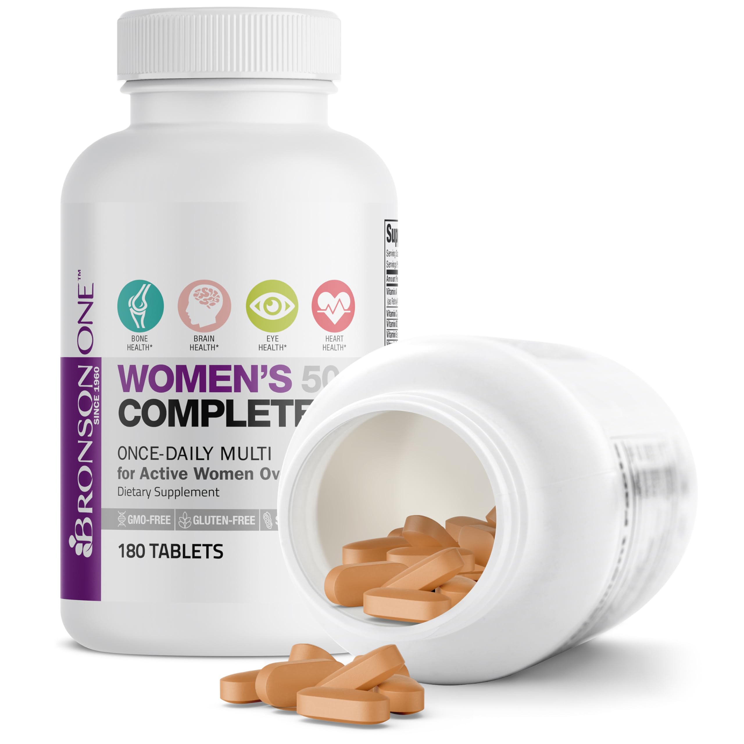 Bronson ONE Daily Women 50+ Complete Multivitamin Multimineral, 180 Tablets | Once-Daily, Targeted Nutrition For Active Women Over 50, Non-GMO, Gluten-Free, Soy-Free
