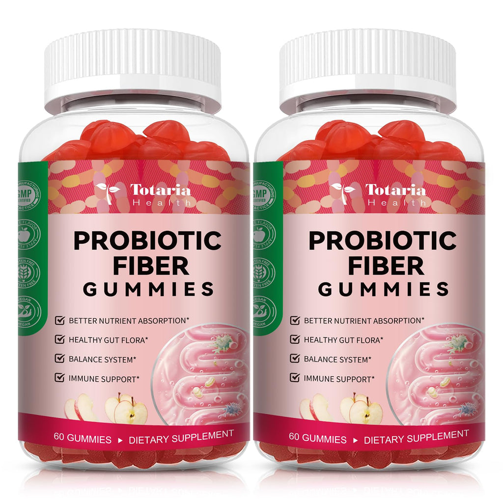 9-in-1 Sugar-free Probiotic Fiber Gummies for Adults Teens, Apple 2 Bottles | Fiber Supplement w/ Psyllium Husk, Bacillus Coagulans, FOS, Inulin, Apple Cider Vinegar for Digestion & Gut, Vegan