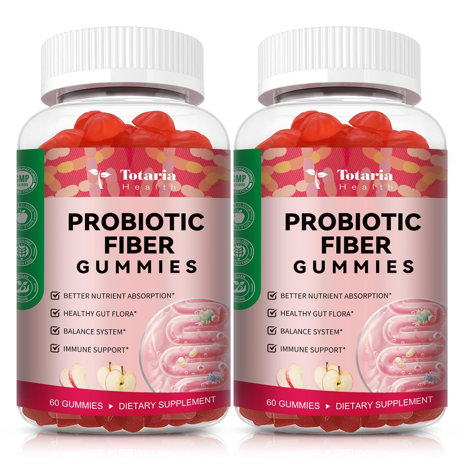 9-in-1 Sugar-free Probiotic Fiber Gummies for Adults Teens, Apple 2 Bottles | Fiber Supplement w/ Psyllium Husk, Bacillus Coagulans, FOS, Inulin, Apple Cider Vinegar for Digestion & Gut, Vegan