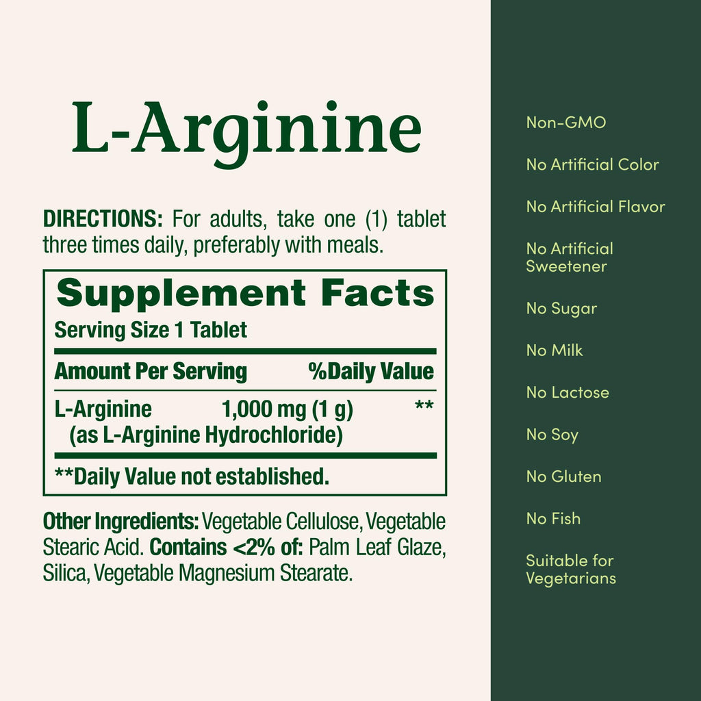 Nature's Bounty L-Arginine 1000mg, Non-GMO, Gluten Free, 50 Tablets