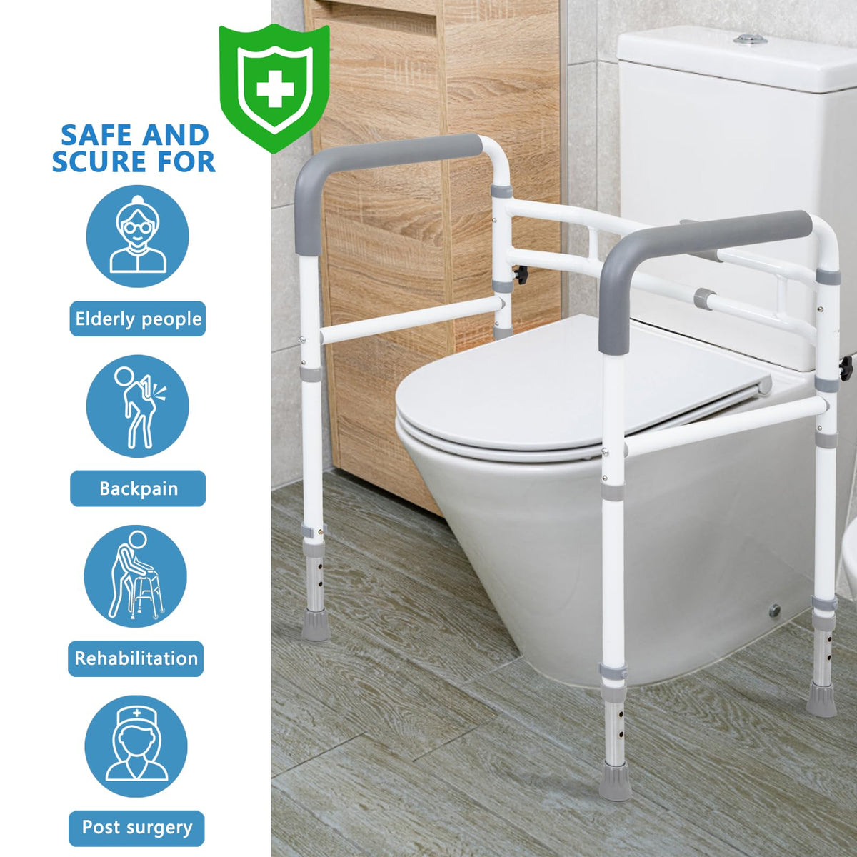 WeHwupe Toilet Safety Rail for Seniors, Height & Width Adjustable Frame