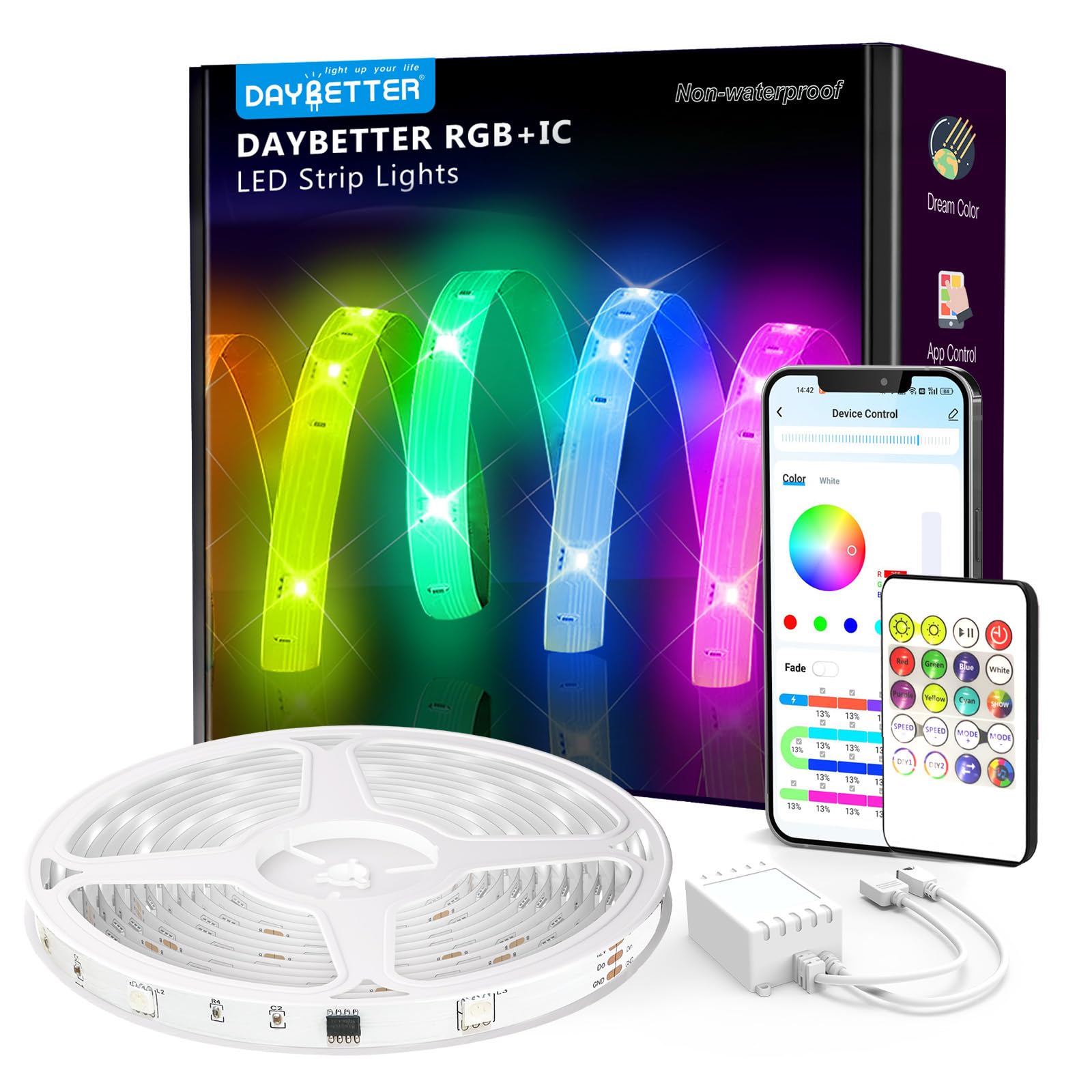 Buy now DAYBETTER Led Strip Lights 100 ft Smart with App Remote Control, 5050 RGB for Bedroom, Living Room, Home Decoration, Music Sync Color Changing for Room Party(2 Rolls of 50 ft) BGRIC 32.8FT at indiglob india